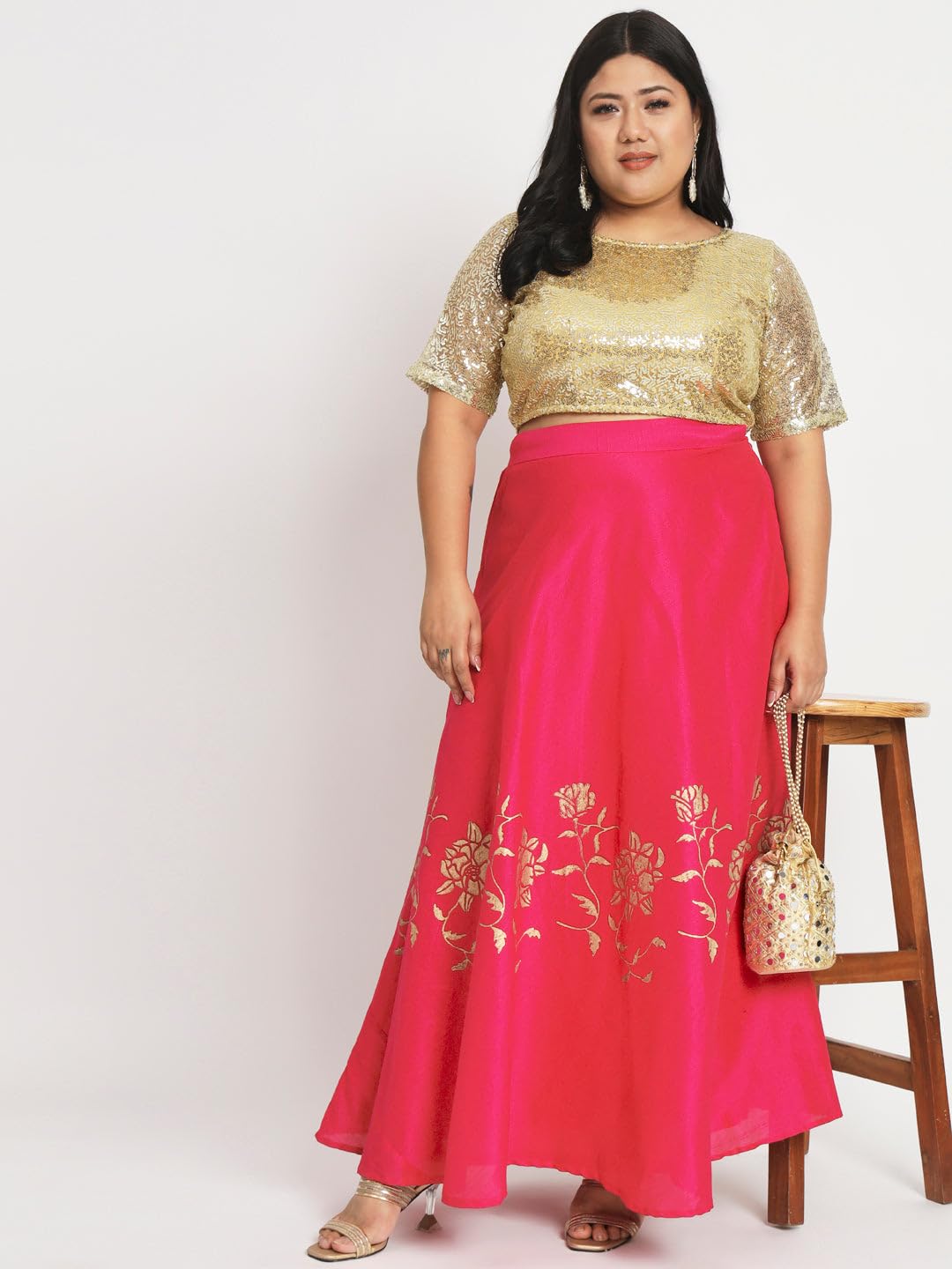 studio rasa Women's Plus Size Net Sequin Embroidered Sheer Sleeves Fitted Crop Top or Blouse For Wedding Festive Party (Tpwpc22316-5Xl_Bl_Gold_5Xl)