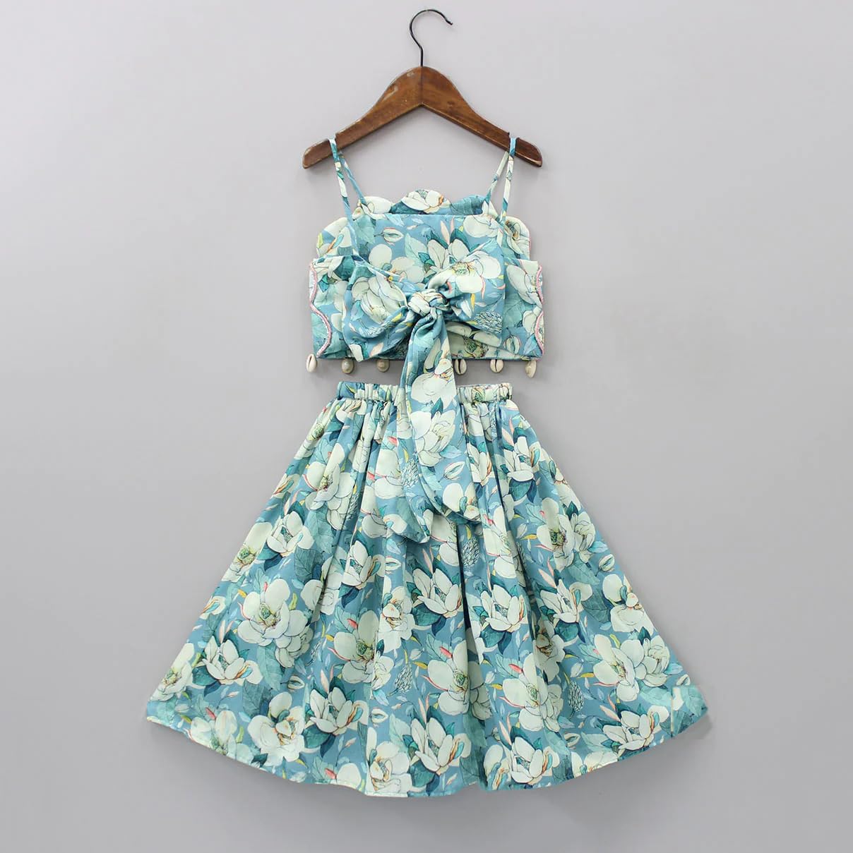 Leons Fab Girl's Floral Printed Scalloped Cut Back Tie Knot Top With Lehenga (11-12 Years, Green)