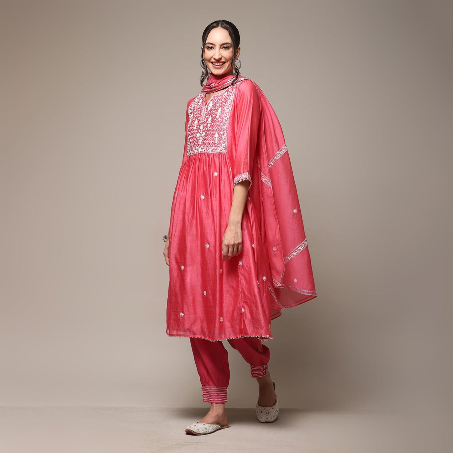 BIBA WOMEN EMBROIDERY RELAXED SALWAR KURTA DUPATTA(SKDGULNAAZ8670_BRIGHT PINK_36)