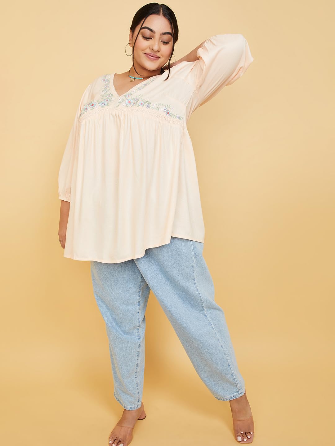 Max Women Plus Size Rayon Embroidered V-Neck Tunic (TNC3204P_Peach)