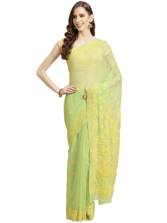 Ada Women's Hand Embroidered Faux Georgette Lucknow Chikankari Saree with Unstitched Blouse Piece A311198 Green