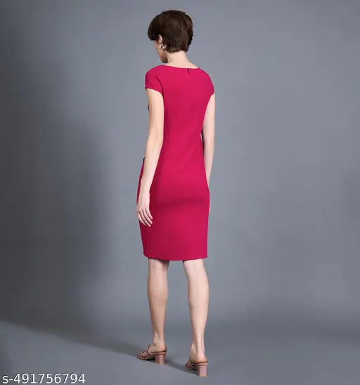 Miss Chase  Women's Pink Solid V Neck Cap Sleeves Polyester Side Pocketed Knee Long Dress