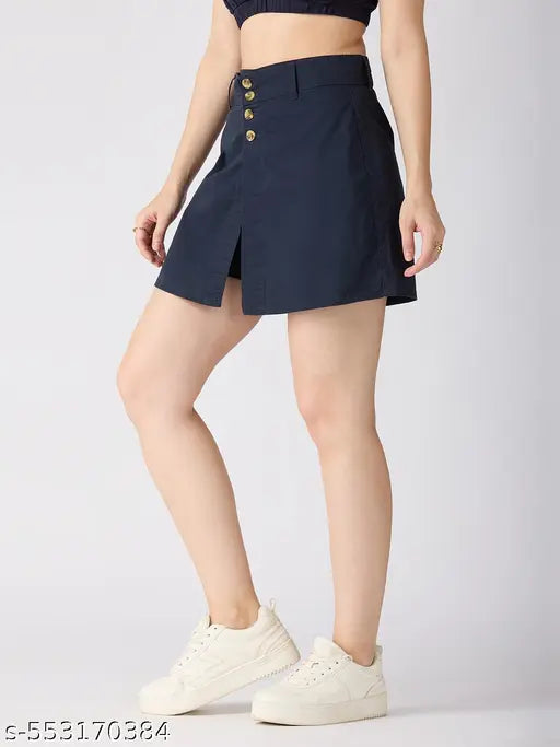 Globus Women Navy Stretchable Mid-Rise Regular Fit Above Knee Cargo Skorts