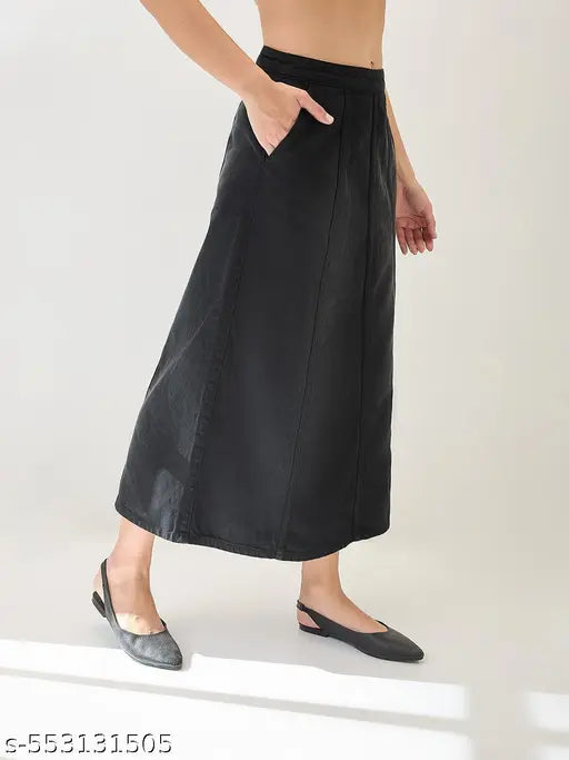 Globus Women Black Mid Rise Panelled A-Line Midi Denim Skirt