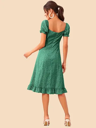Stylish Green Polyester Printed Fit And Flare Dress For Women