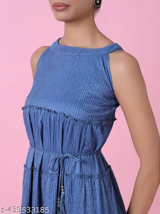 Women's Blue Solid Fit and Flare Dress