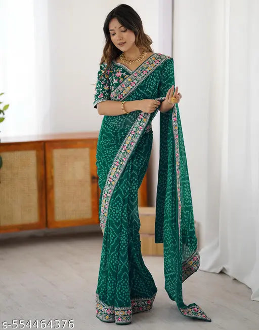 SATRANI Georgette Green Saree with Silk Blouse