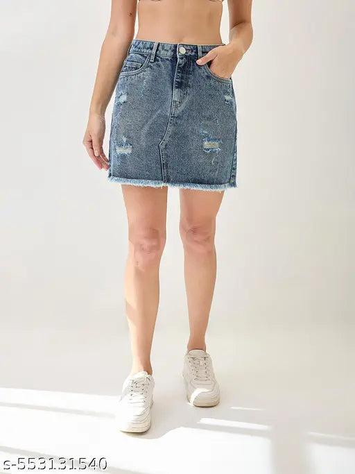 Globus Women Med Blue Mid Rise Distressed & Frayed Hem Mini Denim Skirt