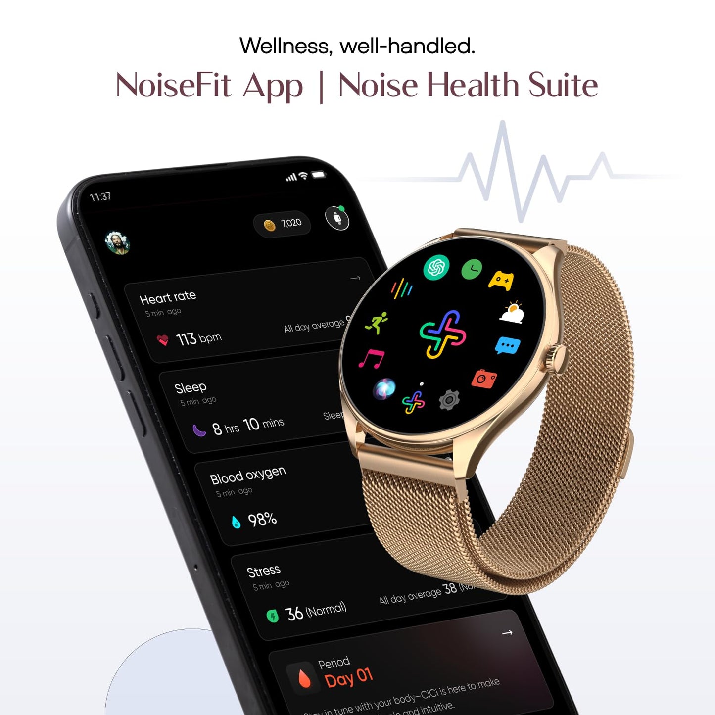 Noise Twist 2 Smart Watch with 1.43” AMOLED Screen, AI Search & Voice Assistant, Bluetooth Calling, Stainless Steel Back, 7-Day Battery, 100+ Watch Faces, Health Suite, IP68 (Gold Link)