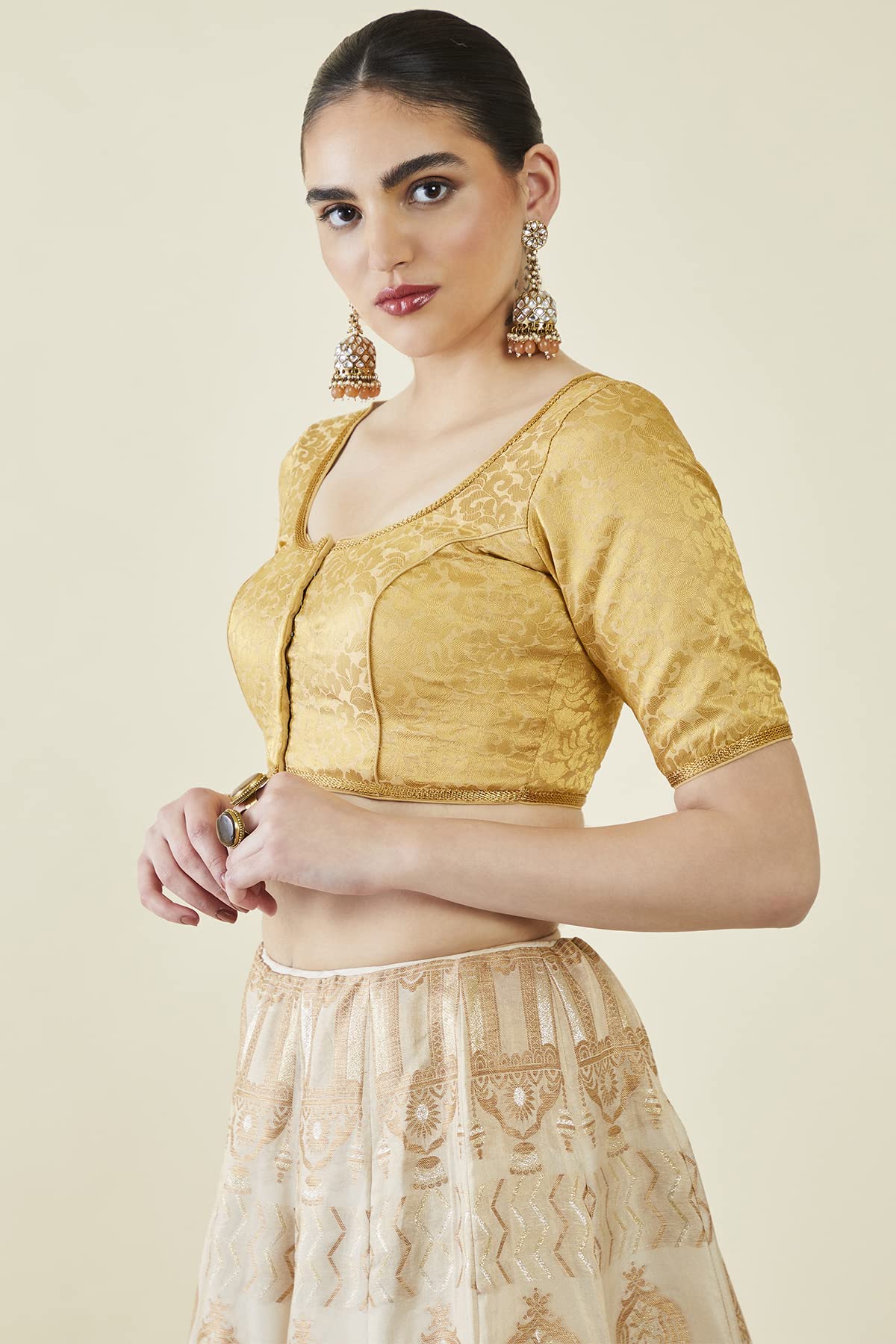 Soch Women Gold Art Silk Floral Blouse(Gold_34)
