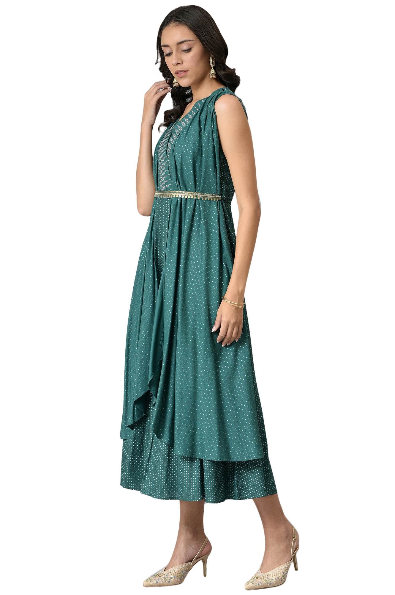 W For Woman Dark Green Floral Printed Glitter Metallic Embroidered Culotte Jumpsuit