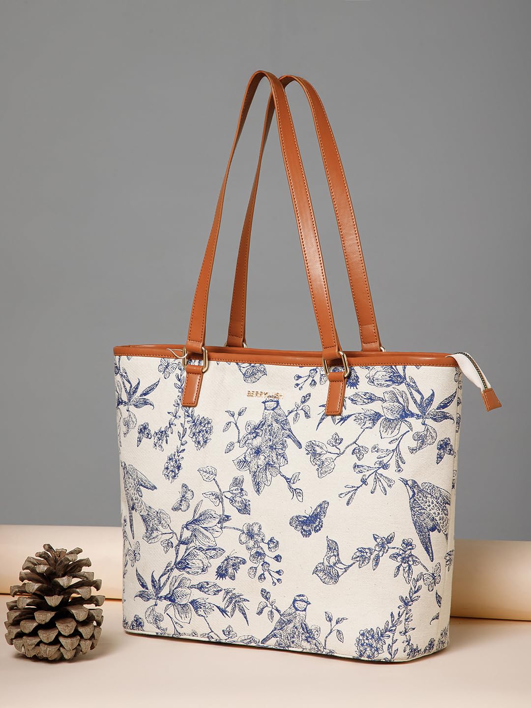 Berrylush Women White Floral Printed Shoulder Bag | PU Synthetic Two Handle Handbag | Zip Closure Spacious Tote with Inner Pocket | Stylish Casual Everyday & Office Bag