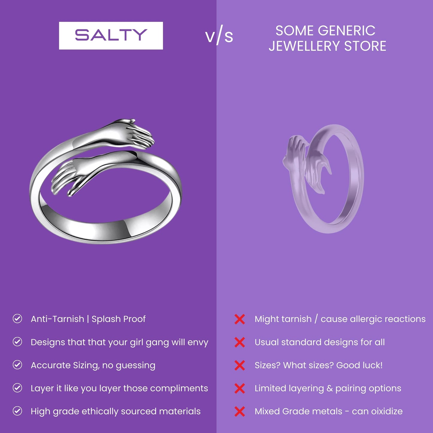 Salty Cute Promise Hug Ring for Women & Girls | Stainless Steel Finger Rings | Adjustable | Modern Design Fancy & Stylish Accessories | Diwali, Birthday & All Occassion Gift | Everyday Wear