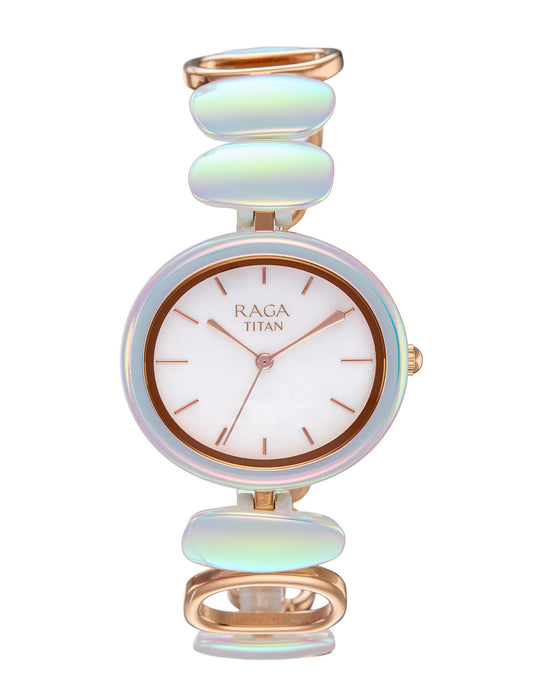 Titan Raga Ceramics Update Quartz Analog MOP Dial with Brass Strap Watch for Women