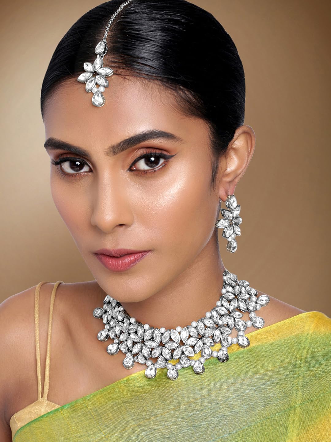 Peora Silver Plated Crystal & Beads Studded Necklace Earrings Maangtikka Set Ethnic Jewellery for Women