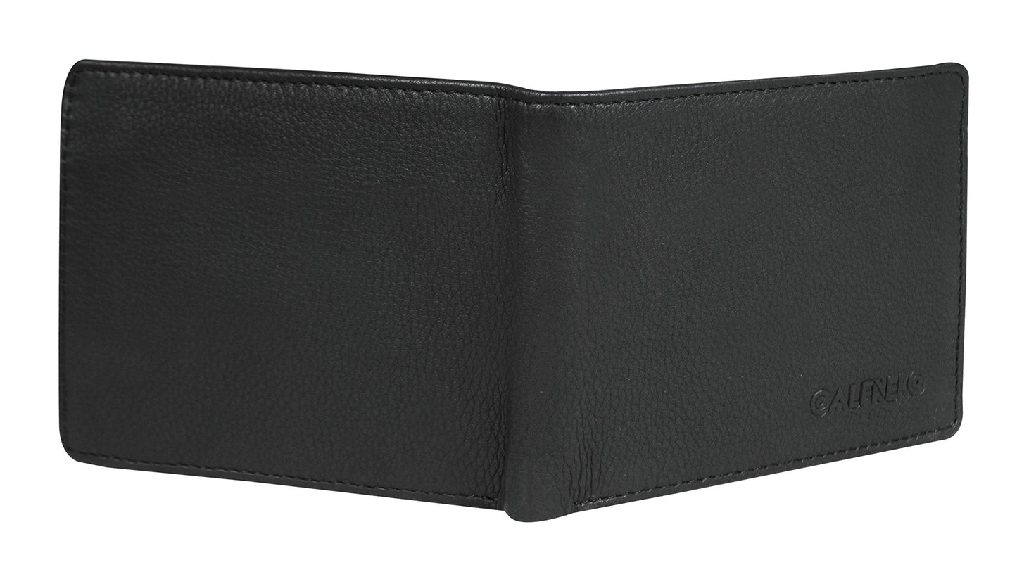 Men's Genuine Leather Bifold Wallet-Multiple Card Slots ID Window with Coin Pocket-Black Leather Wallet by Calfnero
