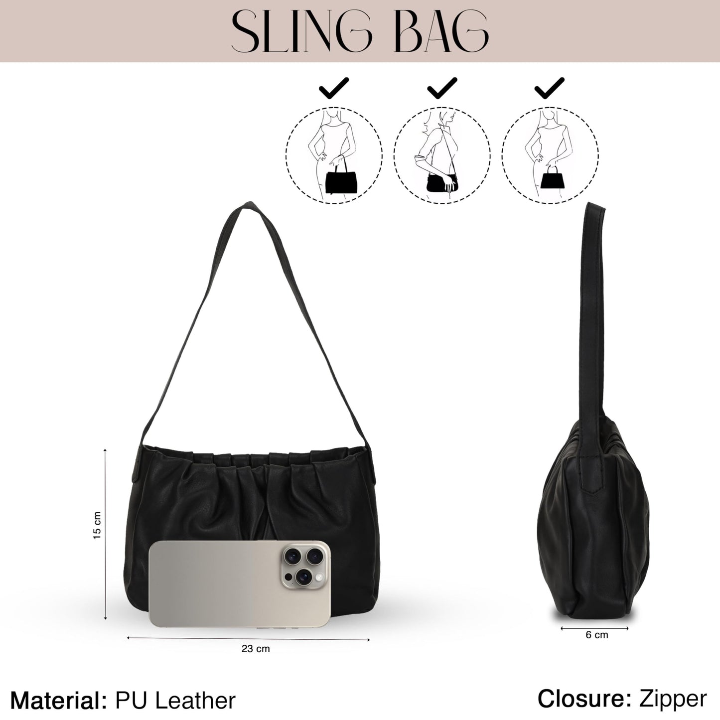 SIBY PU Leather Retro Sling Bag for Women | Small Crossbody Handbag with Chain Strap and Zipper Closure - Black