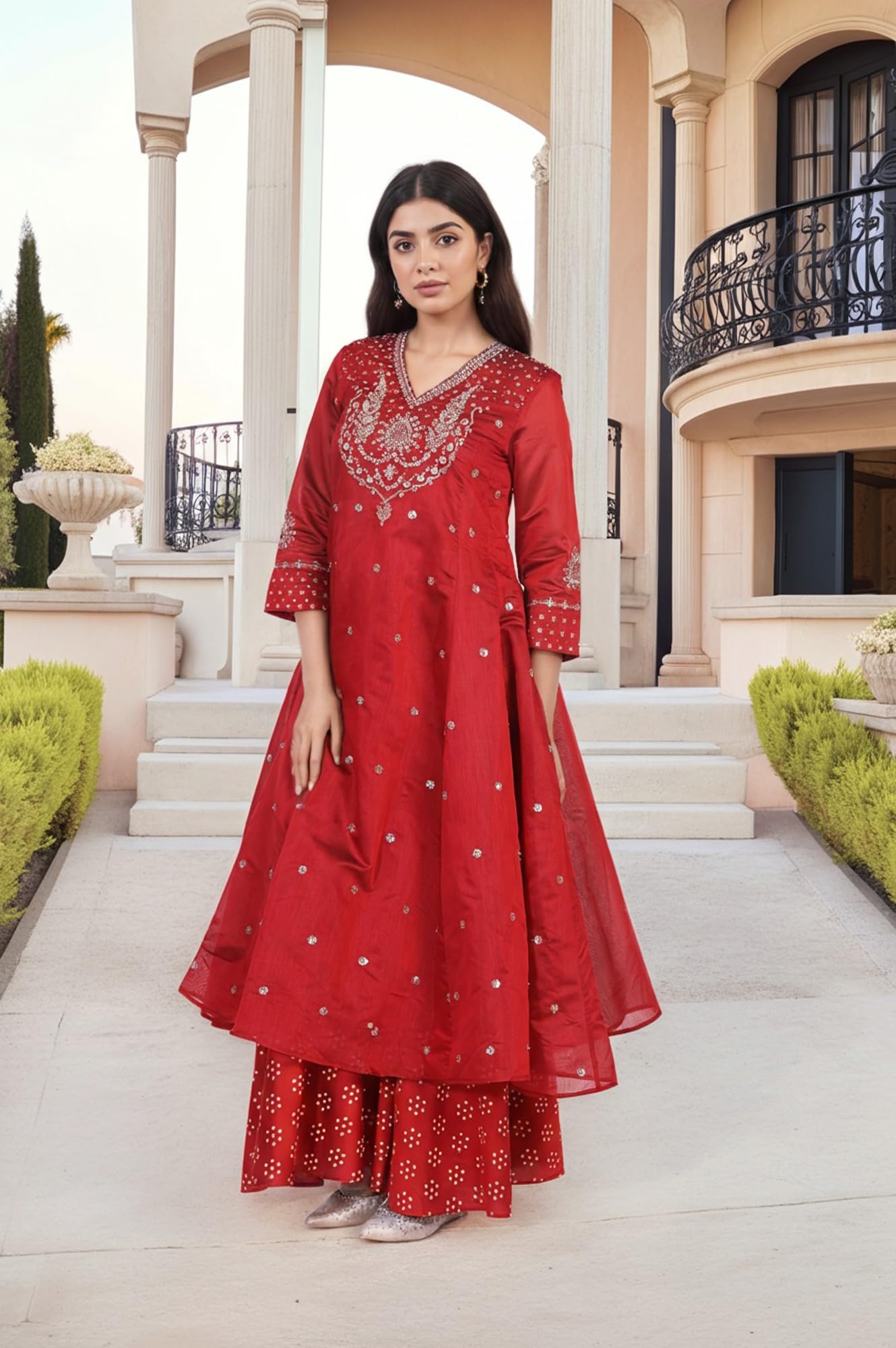 W for Woman Red Bandhni Embroidered Anarkali Jacquard Kurta with Sharara and Dupatta Set (WS13168-224094-3XL)