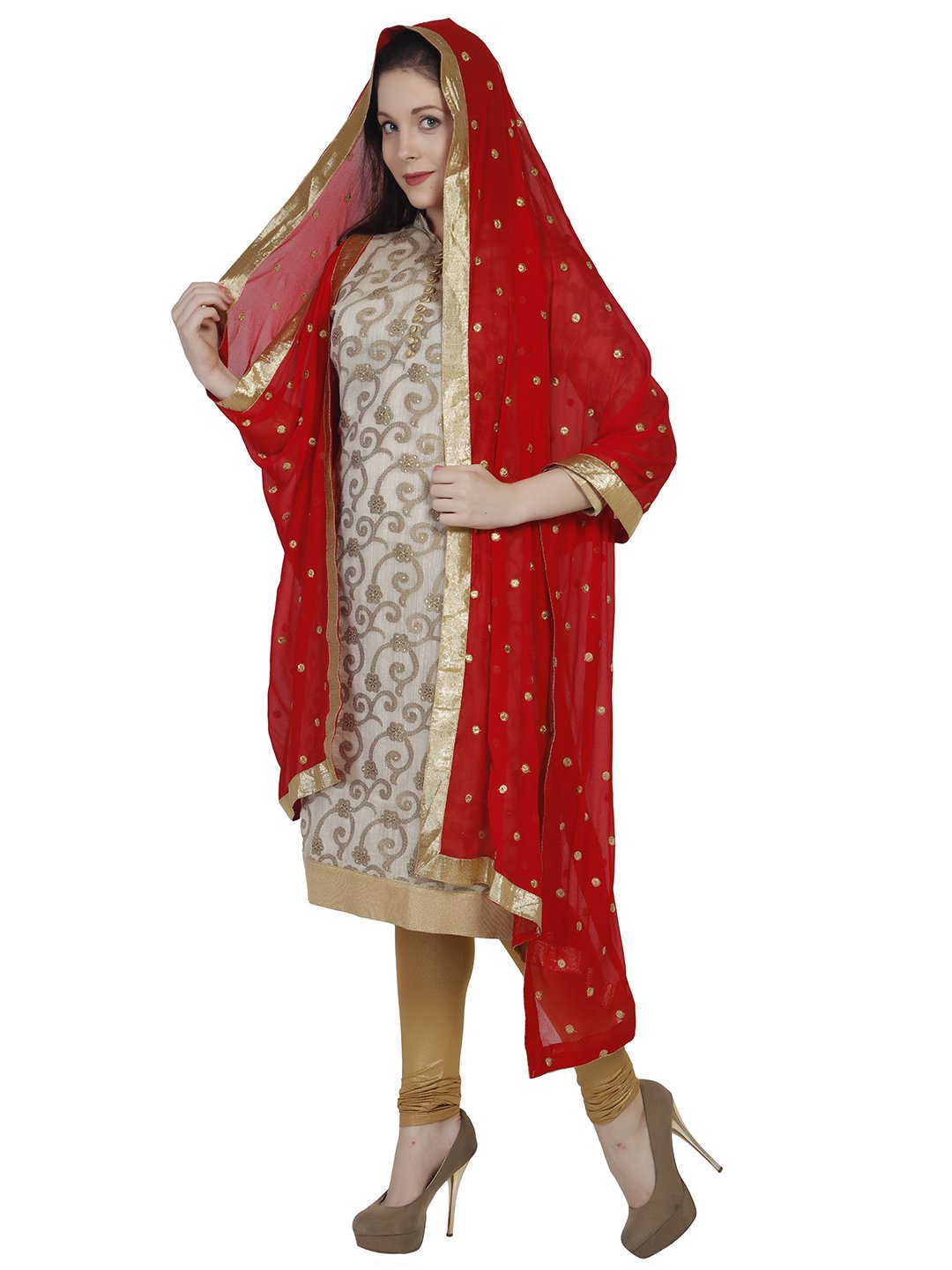 DUPATTA BAZAAR Red Embroidered Chiffon Dupatta/Dulhan Dupatta.