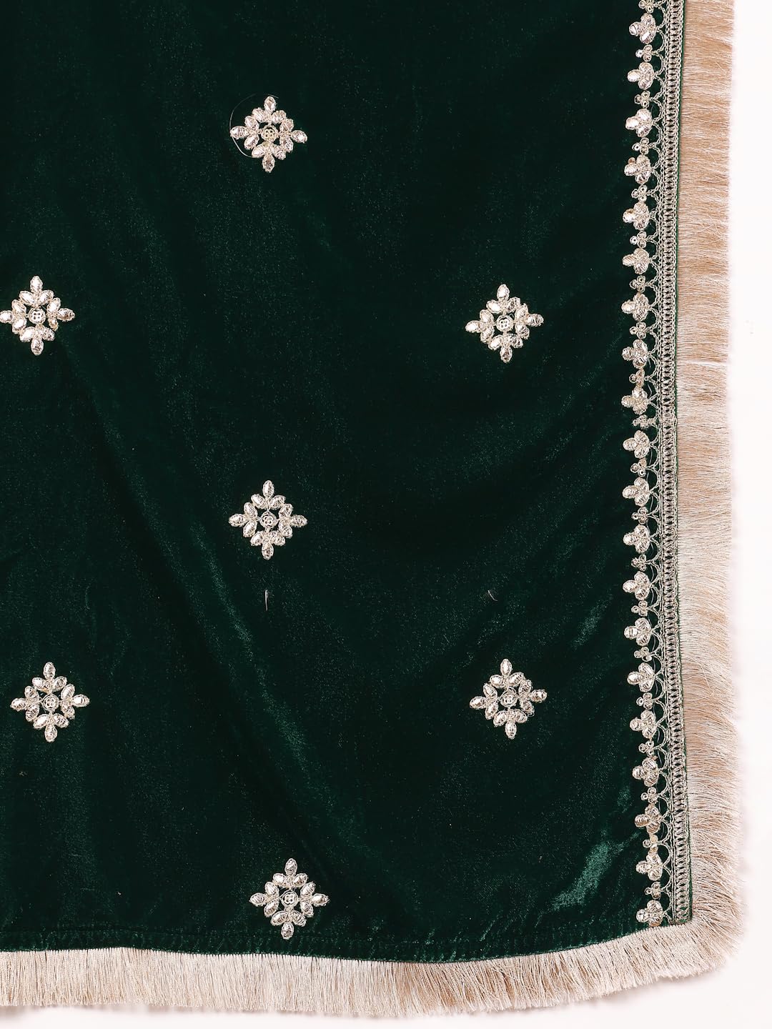 Varanga Women Green Velvet Round Neck Yoke Embroidered Straight Kurta Paired With Tonal Bottom And Embroidered Dupatta With Four Sided Fringes