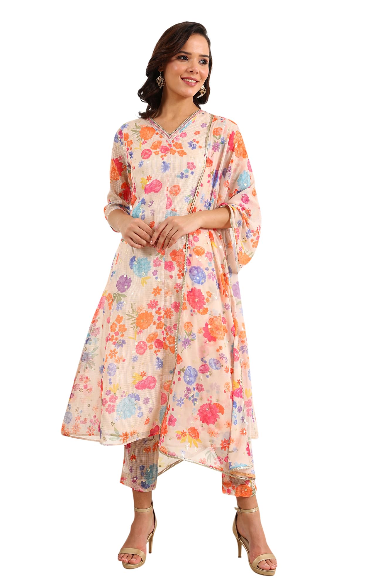 W for Woman Cream Floral Printed Sequined Kota Flared Kurta, Pants and Dupatta Set