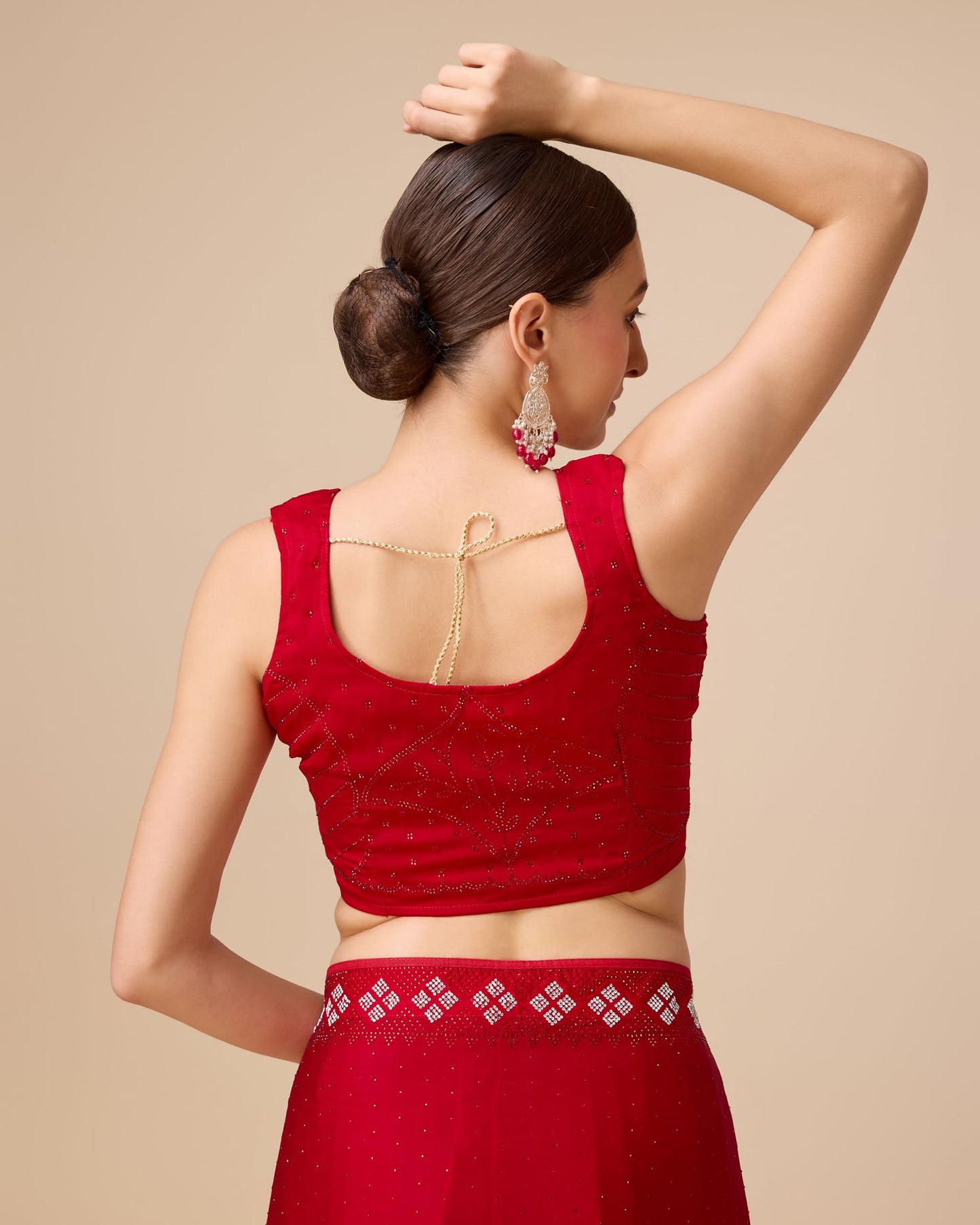 Monjolika Fashion Women's Satin Silk Saree in Red Color with Pearl Swarovski Stone work Comes With Unstitched Blouse Piece