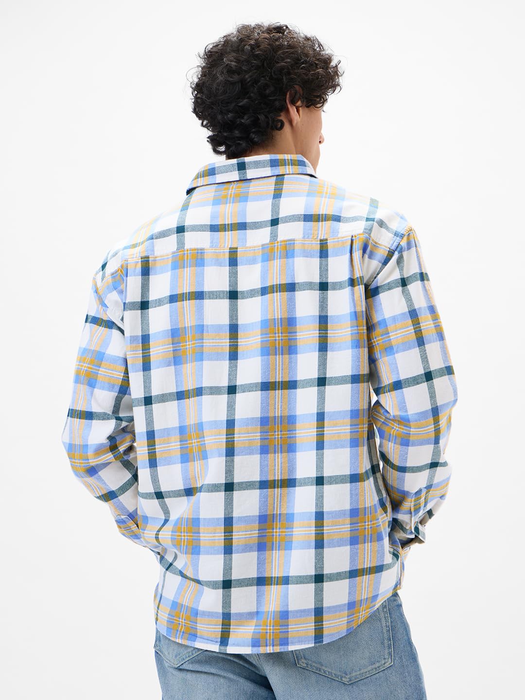 The Souled Store Plaid: Sailor Men and Boys Long Sleeves Collared Neck Button Front White Cotton Regular Fit Utility Shirts