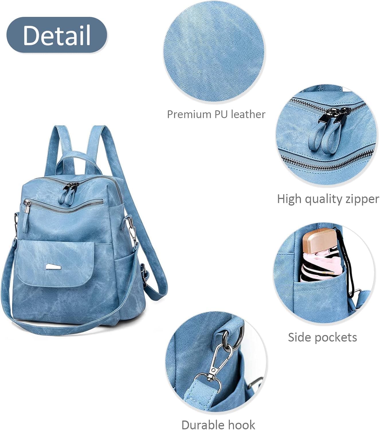 INOVERA (LABEL) Backpack for Women, Girls - Faux Leather Travel Shoulder Backpacks with Adjustable Strap - Ladies Stylish Handbag Purse (Blue)