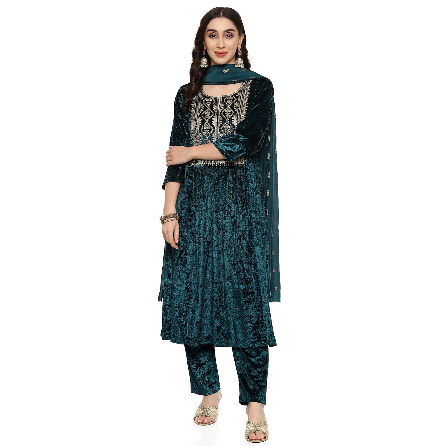 BIBA Women EMBROIDERY STRAIGHT SALWAR KURTA DUPATTA(SKDVELVET E9314_TEAL_42)