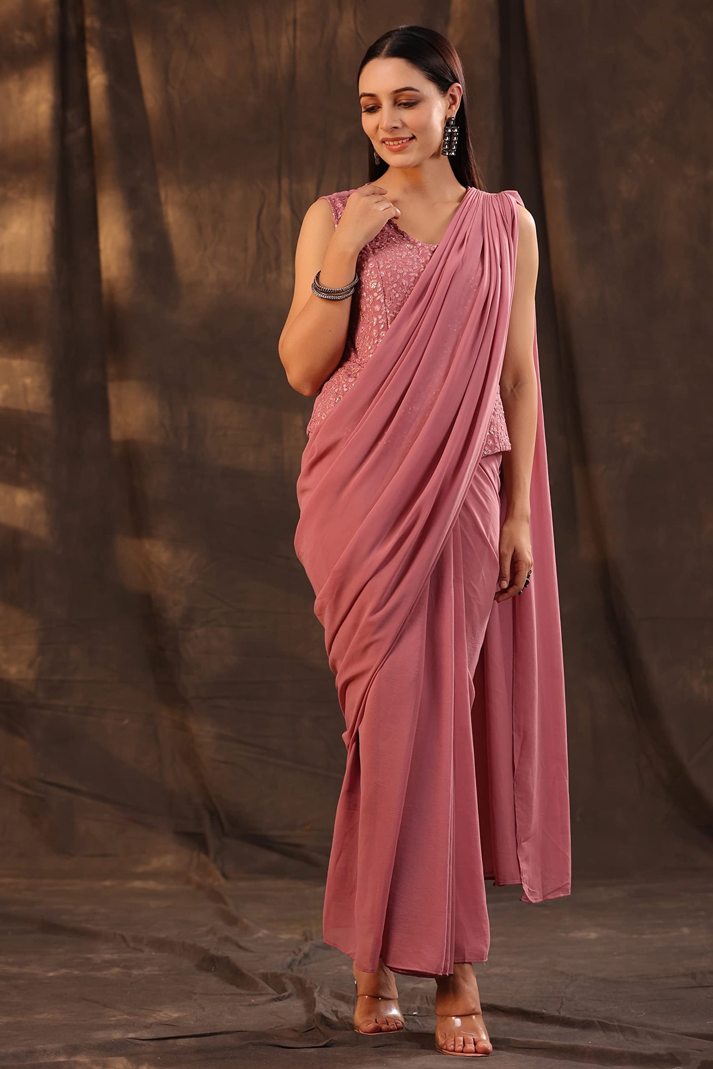Juniper Women's Georgette Saree Style Dress (Rosegold, X-Small)