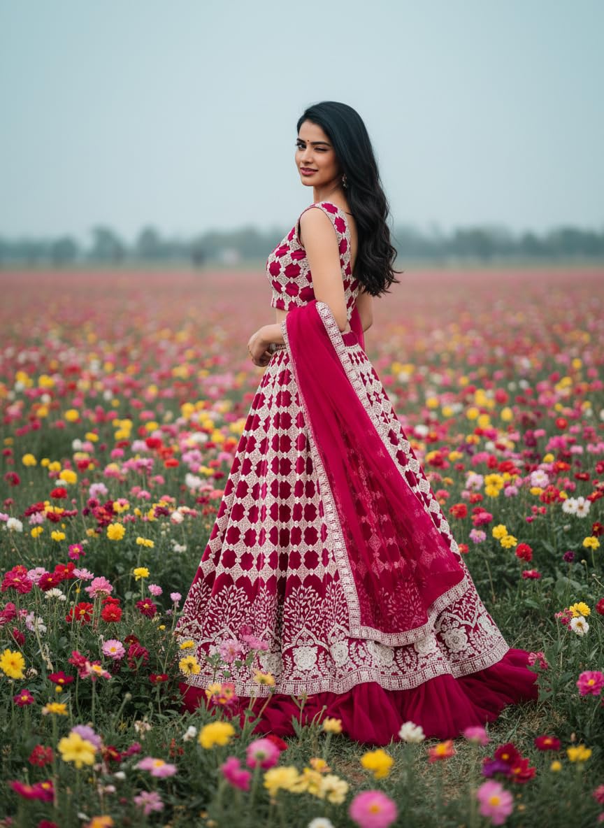 VARNI FABRICS Women's Pink Embroidered Lehenga Choli With Dupatta, Embroidery Pattern, Bridal Wear, Semi-Stitched