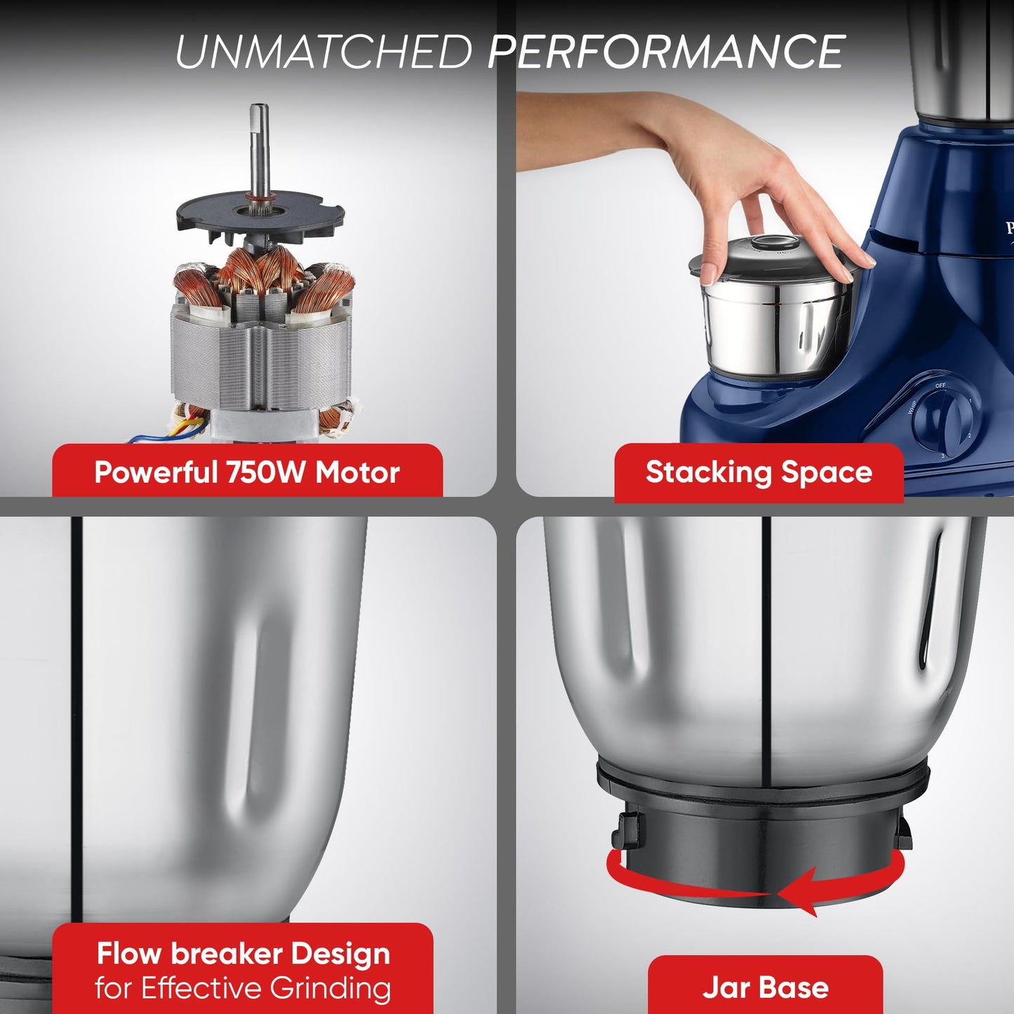 Prestige Astra 750W Mixer Grinder 5 Jars -Stainless Steel Jars - 3U, Juicer Jar-1U & Mix-O-Keep Jar - 1U|Blue & Black