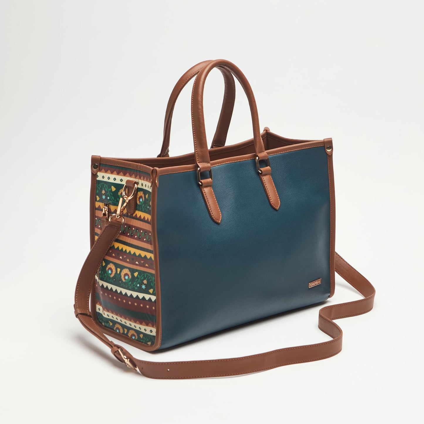 Chumbak Tulum Tote Bag for Women, Navy Floral PU Leather, Digital Nomad Collection, Stylish Travel-Friendly Zipper Tote, Durable and Spacious for Everyday Essentials