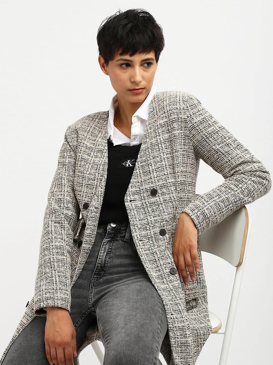 Calvin Klein Jeans Bodycon Polyester V-Neck Double-Breasted Coat