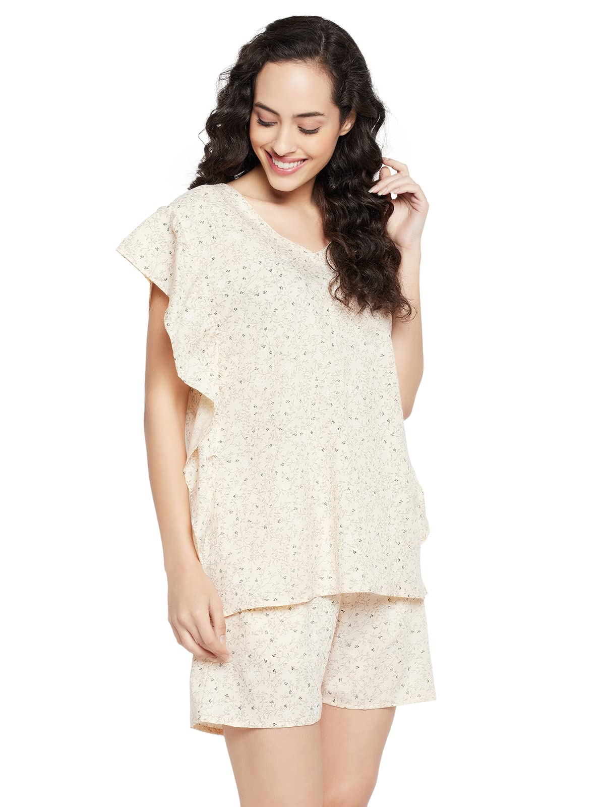 Clovia Women's Cotton Pretty Florals Kaftan Top & Short Set(LS0607P24_Beige_XL)