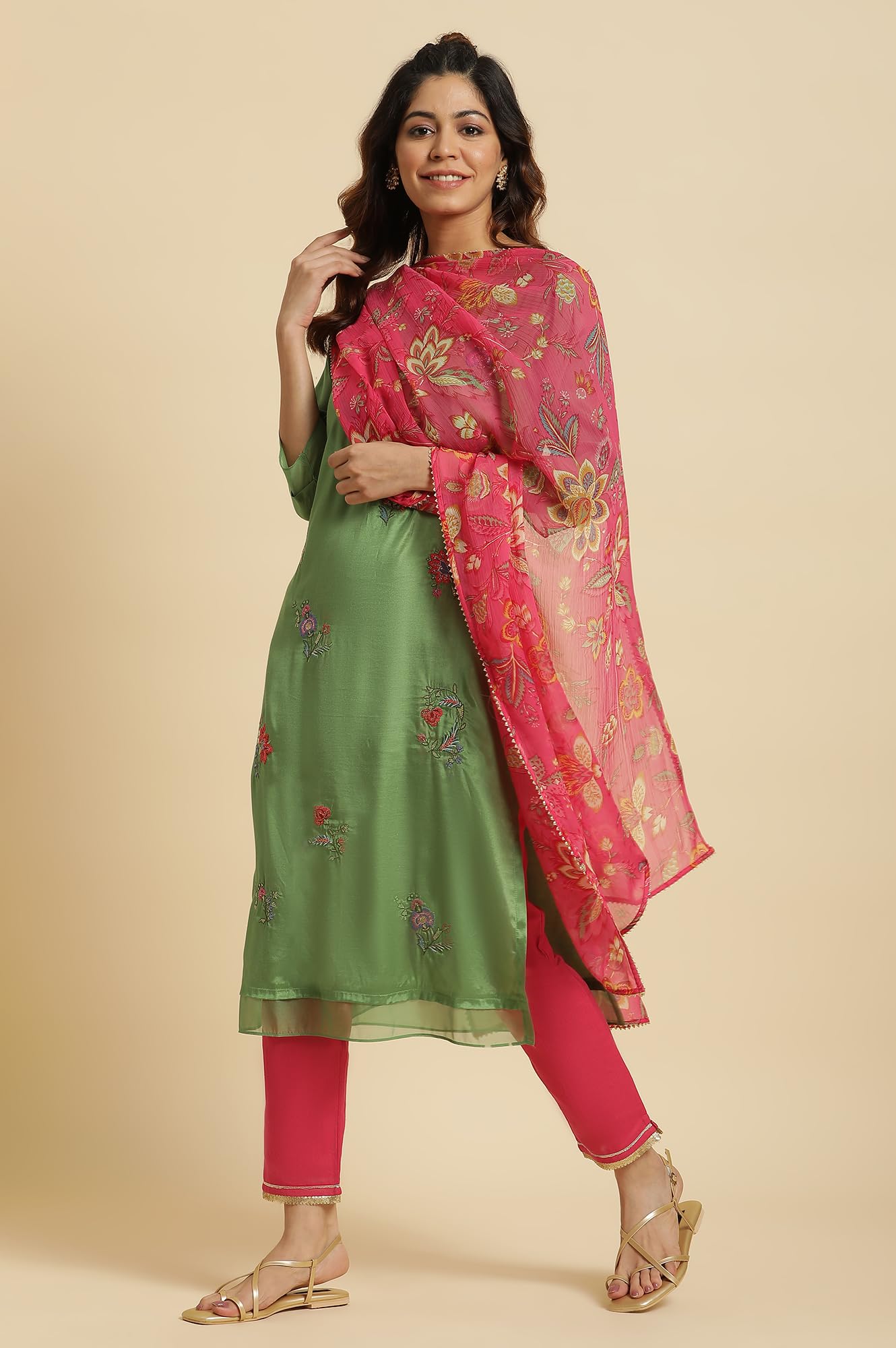 W for Woman Women's Polyester Pink Floral Printed Chiffon Dupatta (8905661211647_Free Size)_WFS