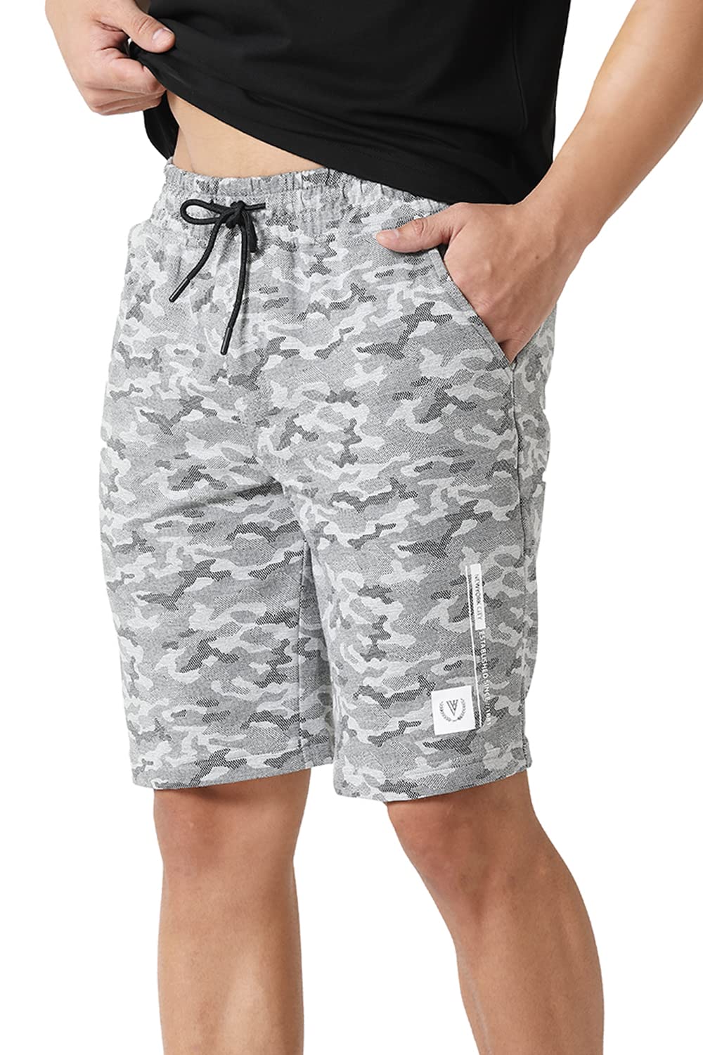Van Heusen Men Knit Shorts - Cotton Rich - Drawstring Waist, Camo Print, Ultra Soft_70015_Grey Melange AOP_S