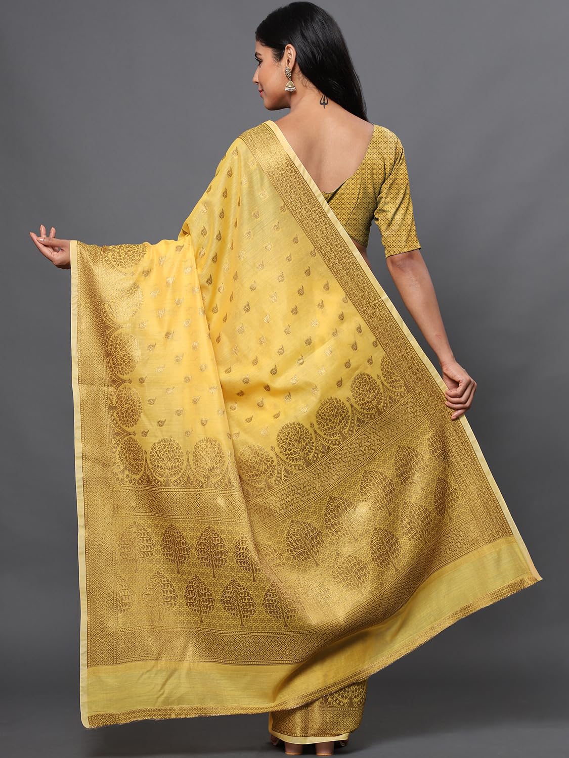 leeza store Women's Yellow Cotton Silk Blend Golden Zari Tree Pattern Border Rich Pallu Banarasi Saree With Blouse Piece