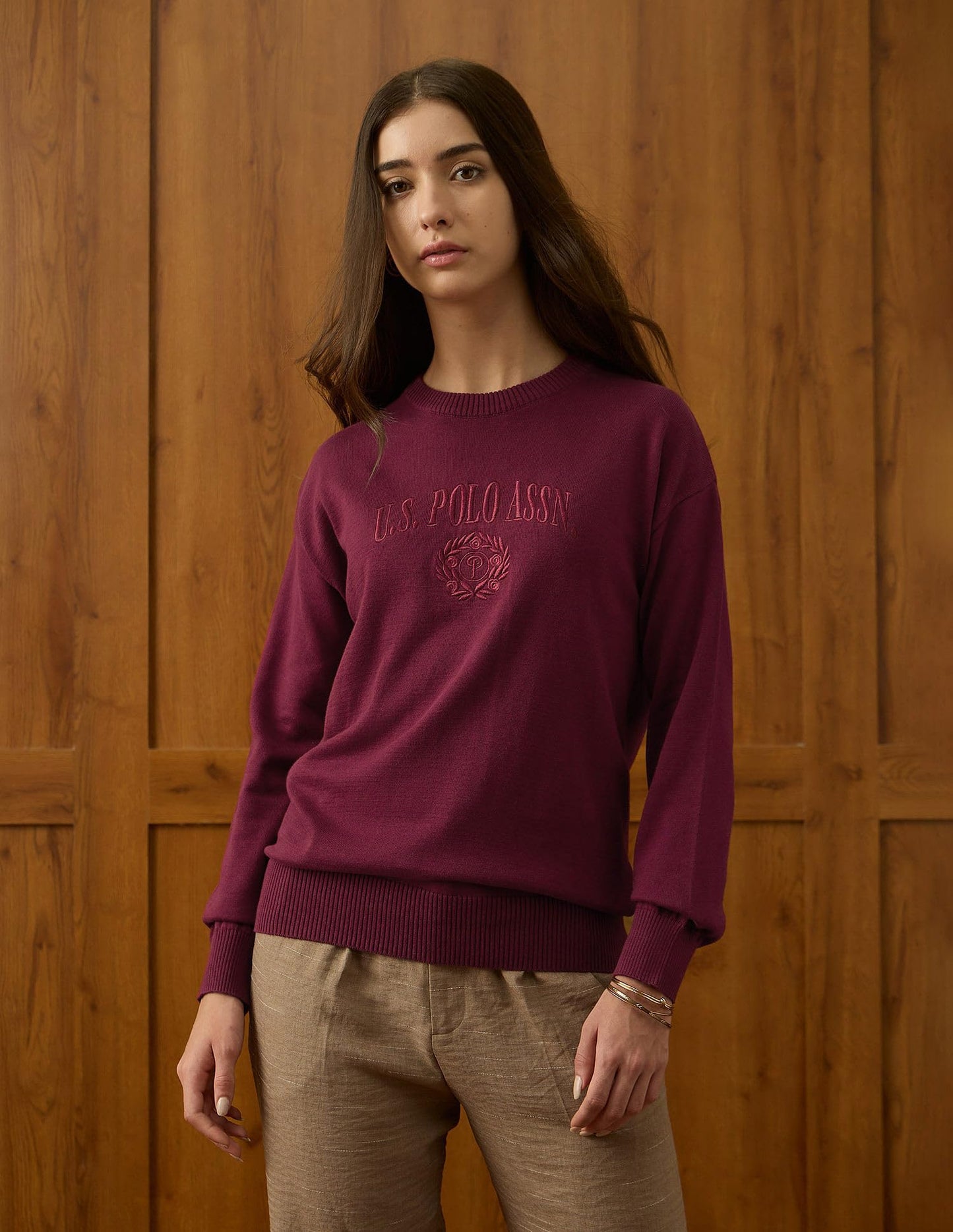 U.S. Polo ASSN. Women Relaxed Fit Drop Shoulder Sweatshirt (UWAW25SWE208_Maroon_L)
