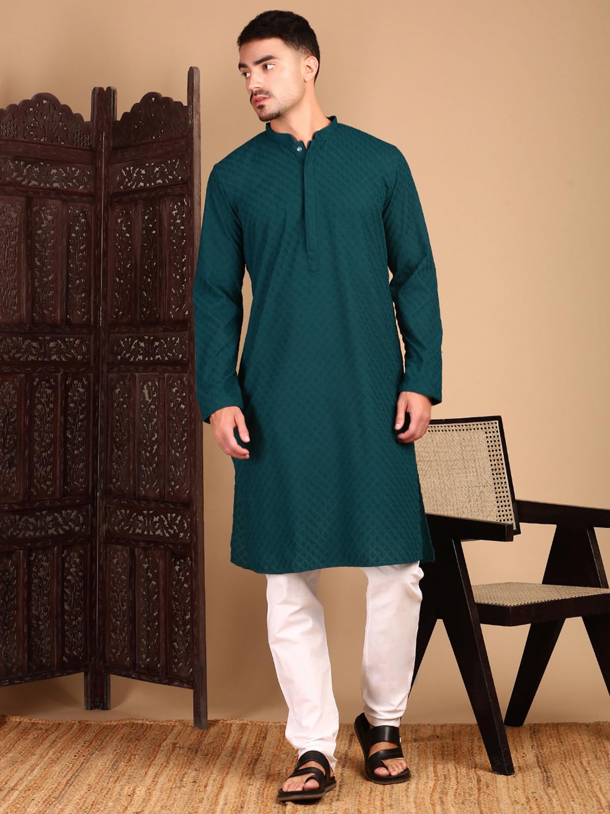 Sanwara Men's Cotton Geometric Regular Kurta Set