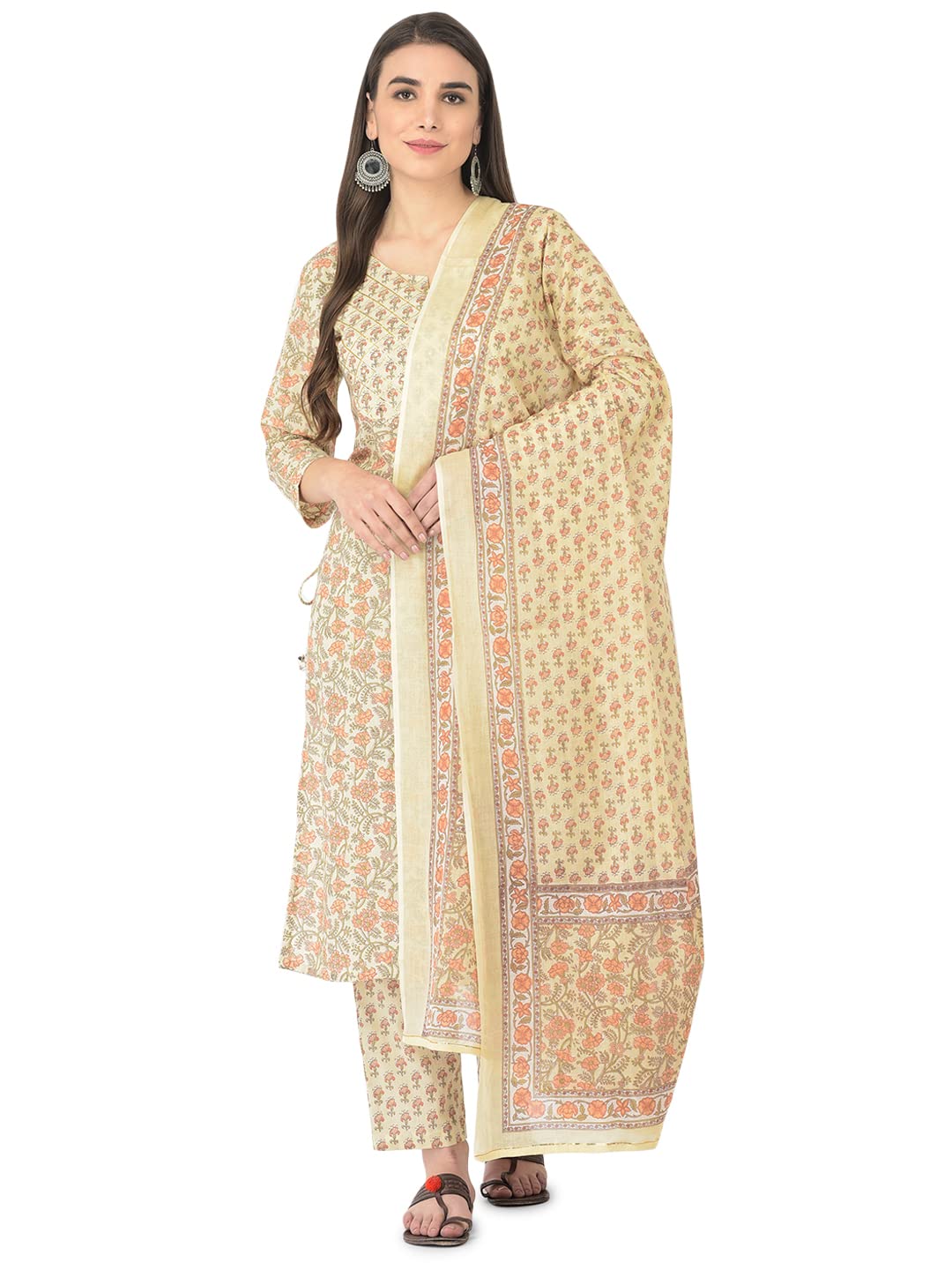 Pistaa's Women Cotton Straight Printed Suit Set (Cream, Large)