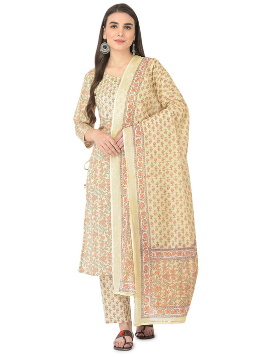 Pistaa's Women Cotton Straight Printed Suit Set (Cream, Large)