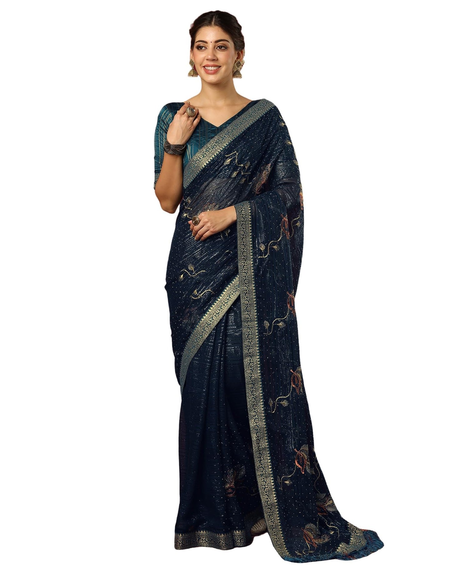 Satrani Women's Georgette Stone Work & Embroidery Saree with Unstitched Blouse Piece (4397S3142N_Rama Blue)