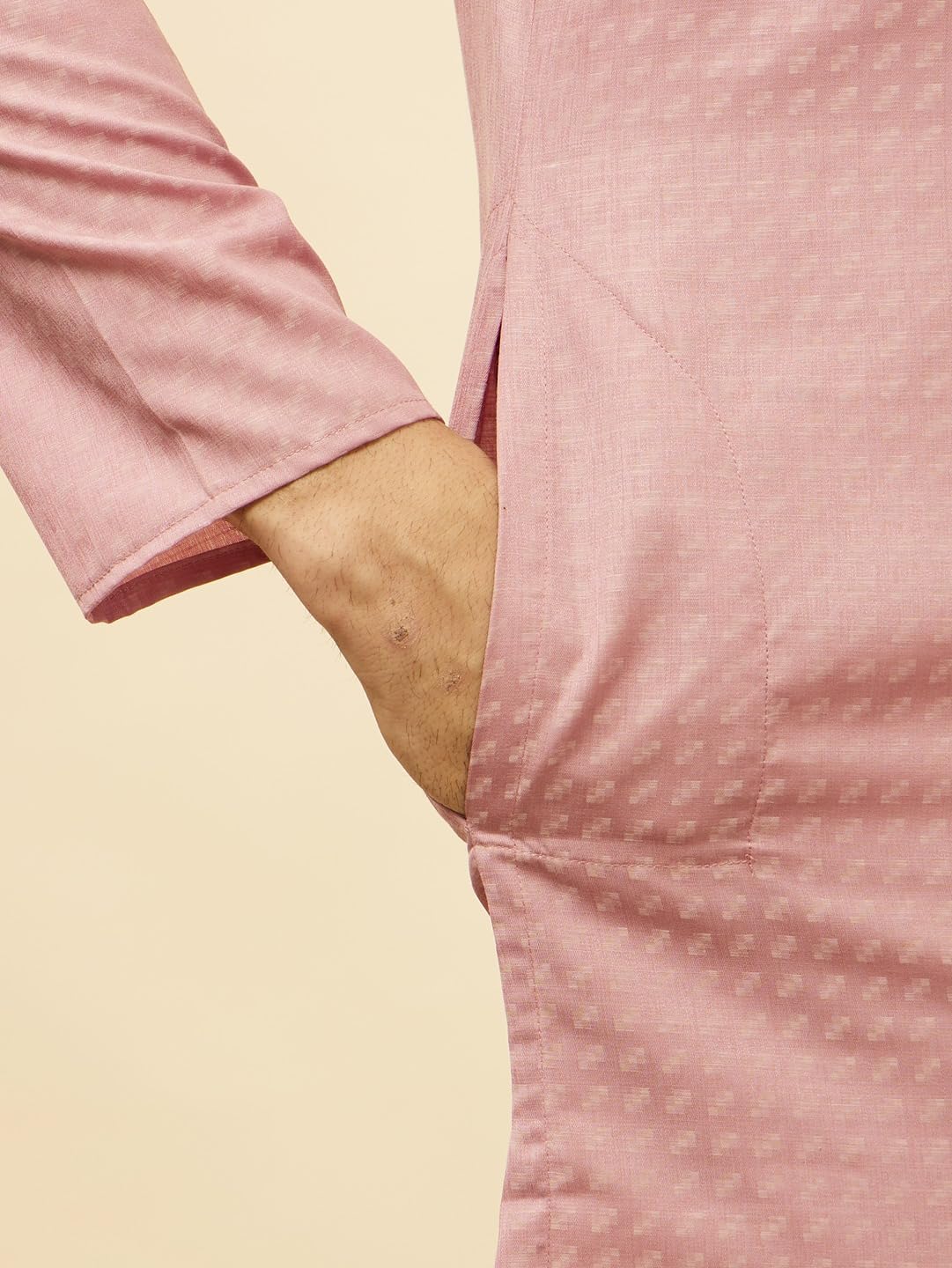 Manyavar Men's Pink Blended Cotton Printed Kurta Pyjama Set (XL)