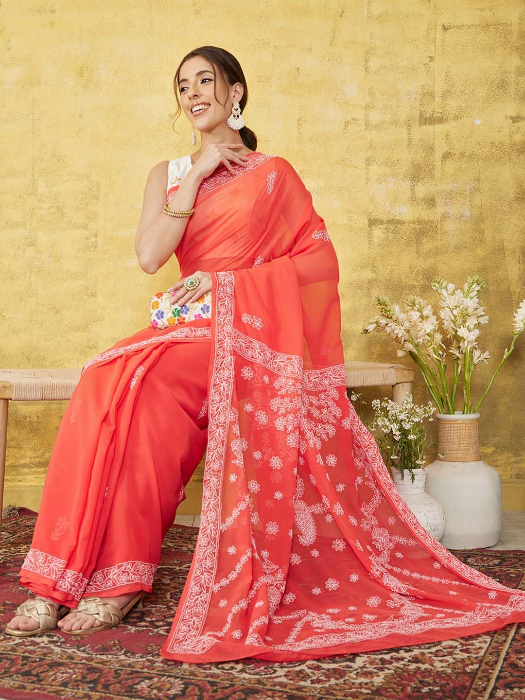 Ada Women's Hand Embroidered Lucknow Chikan Faux Georgette Saree with Blouse A219386 Carrot Pink