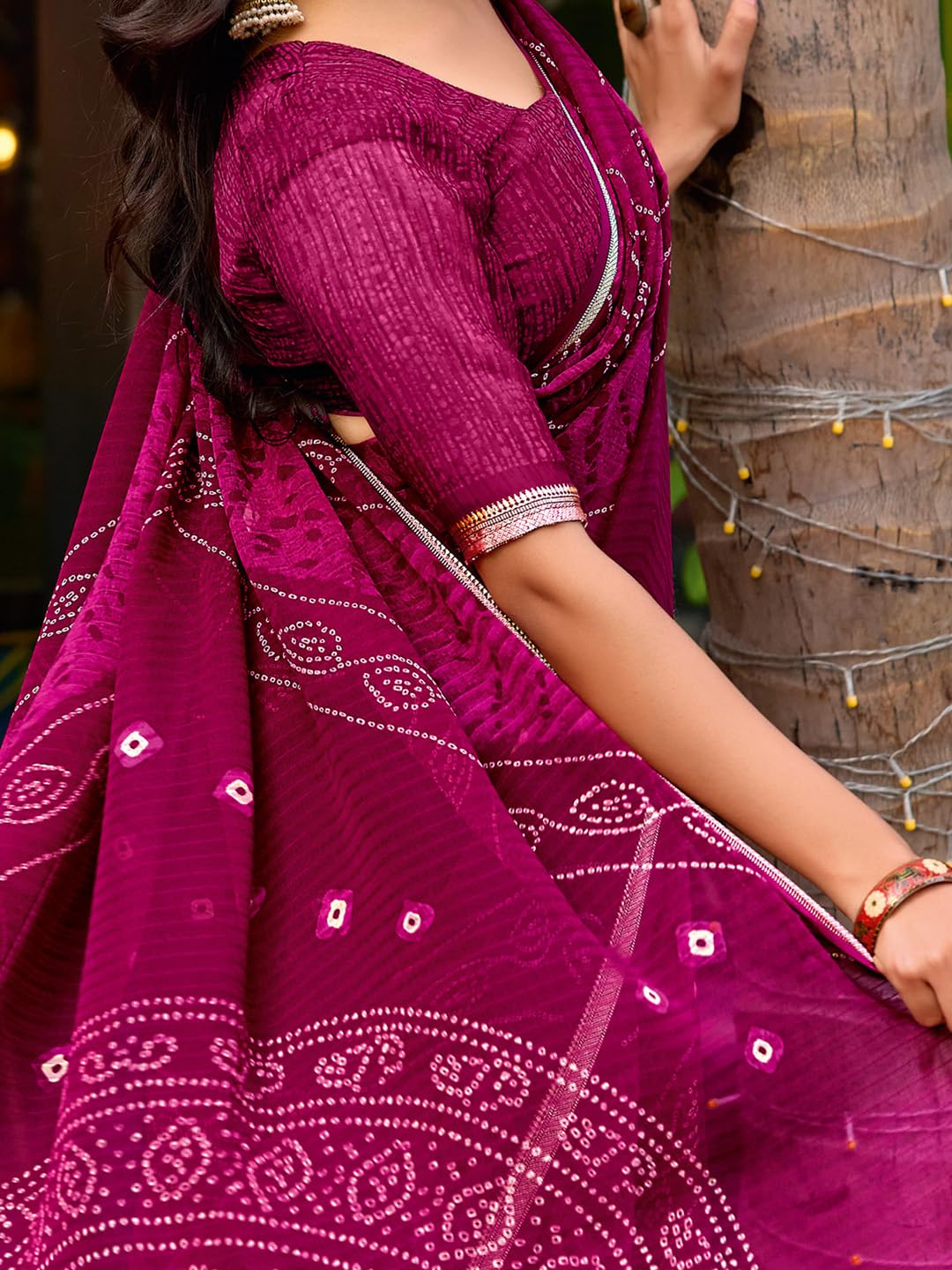 AKHILAM Women's Wine Chiffon Bandhani Print Zari Work Saree With Unstitched Blouse Piece | saree for woman | Designer Saree for Women | Soft and Skin Friendly (BNARSIYA1293_SR)