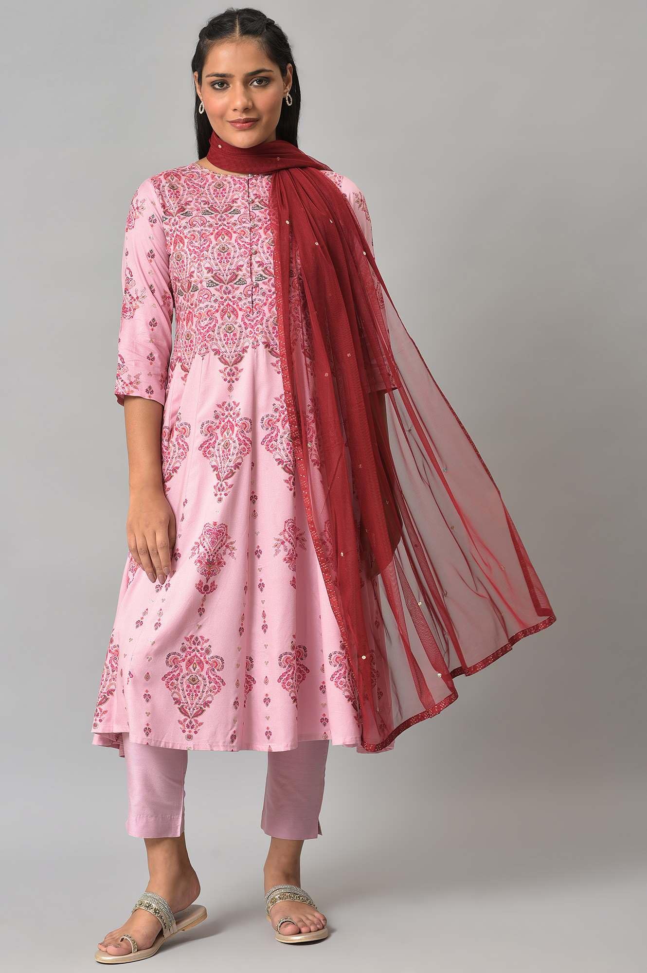 W For Women Maroon Mesh Dupatta With Printed Border_22AUW81694-218233_Free Size