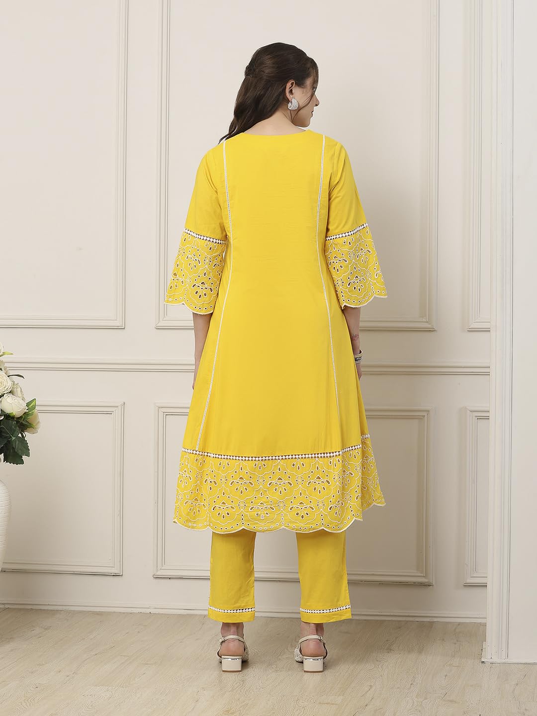 Biba Women Yellow Cotton Kalidar Suit Set_34