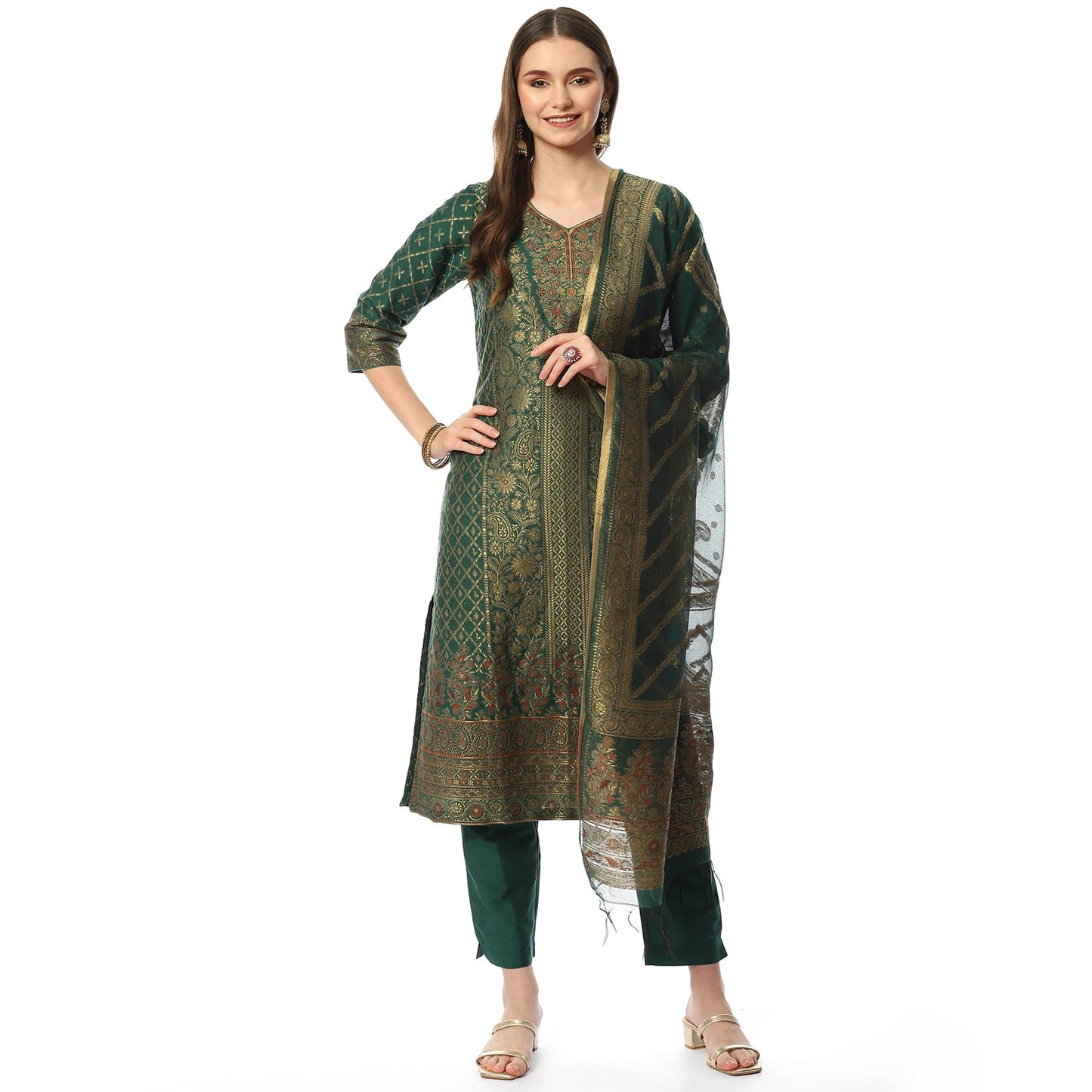 BIBA WOMEN YARNDYED NARROW SALWAR KURTA DUPATTA(SKDASSORTED8386_EMRGREEN_42)