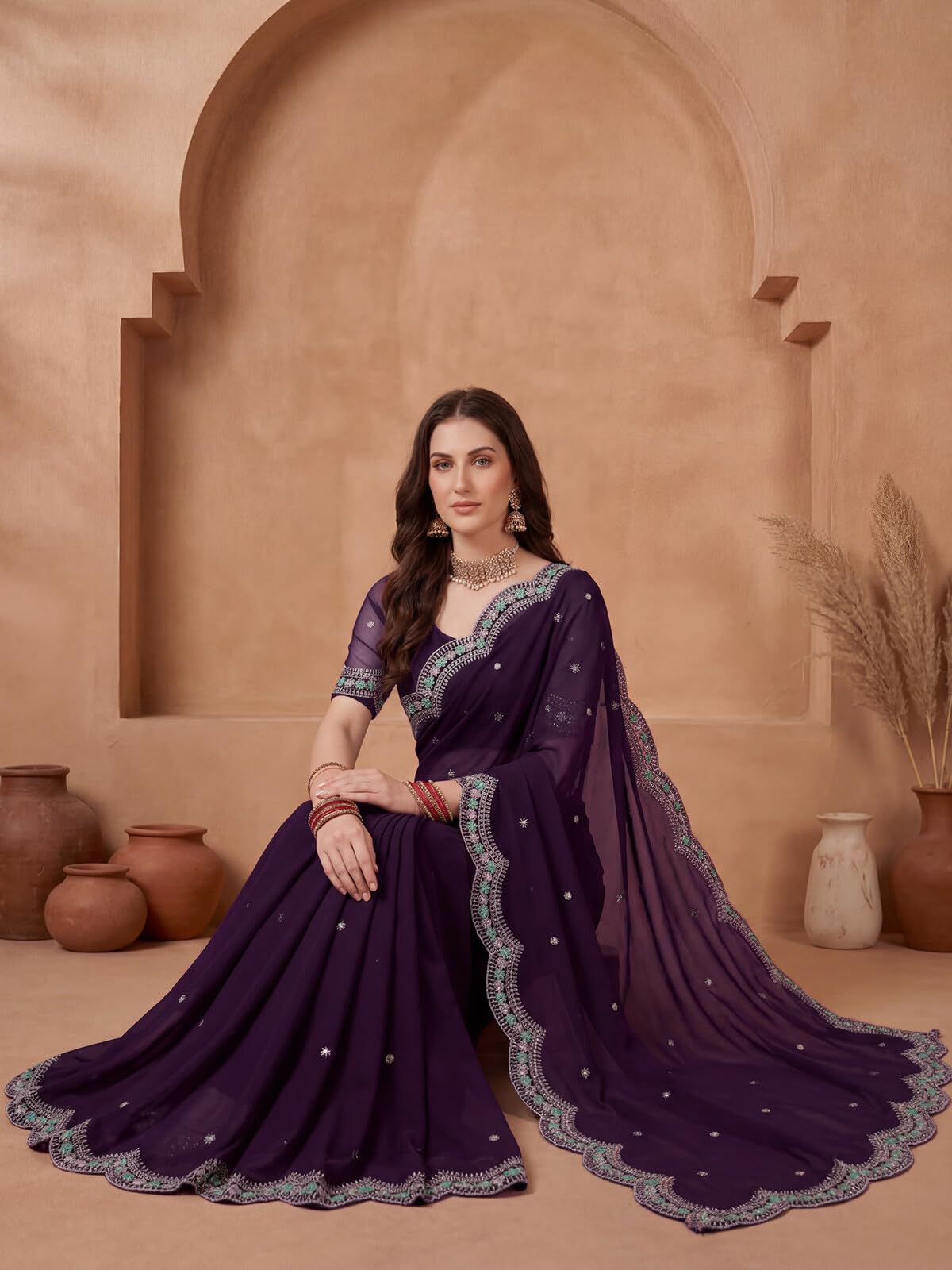 SIRIL Women's Chiffon Scalloped Border Embellished Sequins Embroidery Saree with Unstitched Blouse Piece (4995S1166A_Dark Wine)
